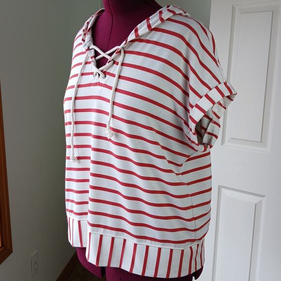 Jane + Delancey French Terry Hooded Top XL lace-up V-neck red striped unisex - Picture 1 of 15